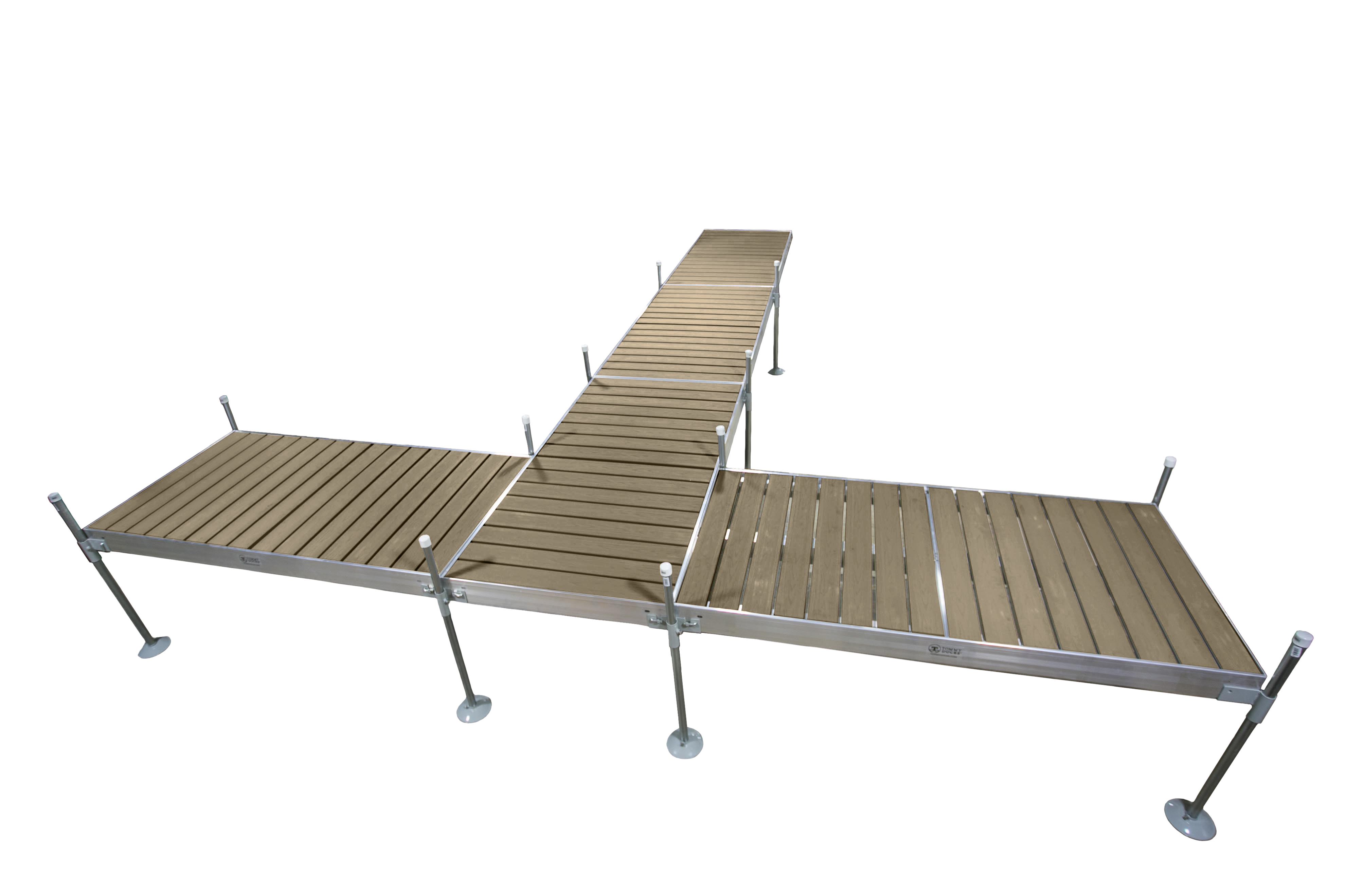 24' T-Shaped Boat Dock System with Aluminum Frame and Tan Composite Decking
