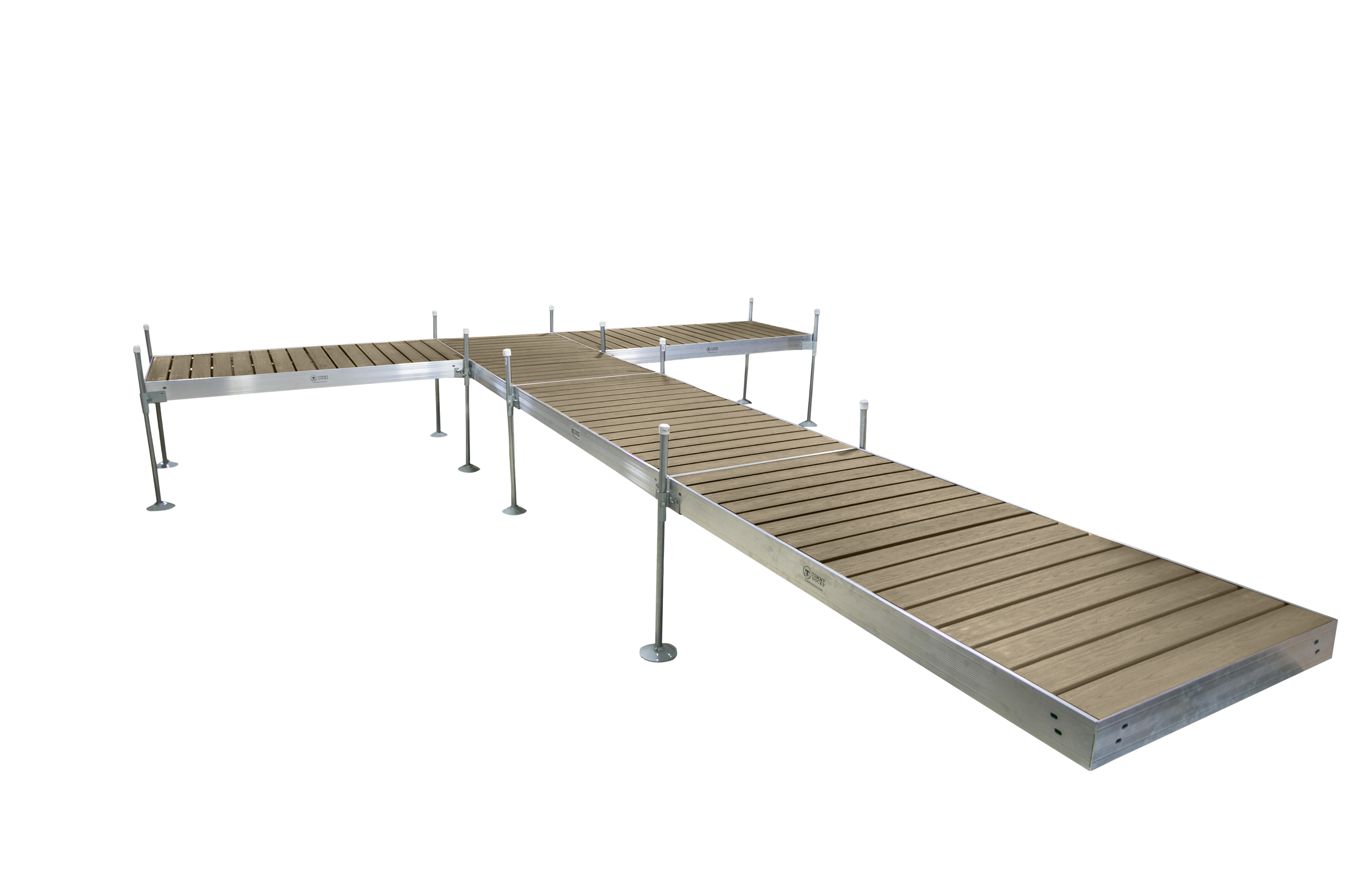 24' T-Shaped Boat Dock System with Aluminum Frame and Tan Composite Decking