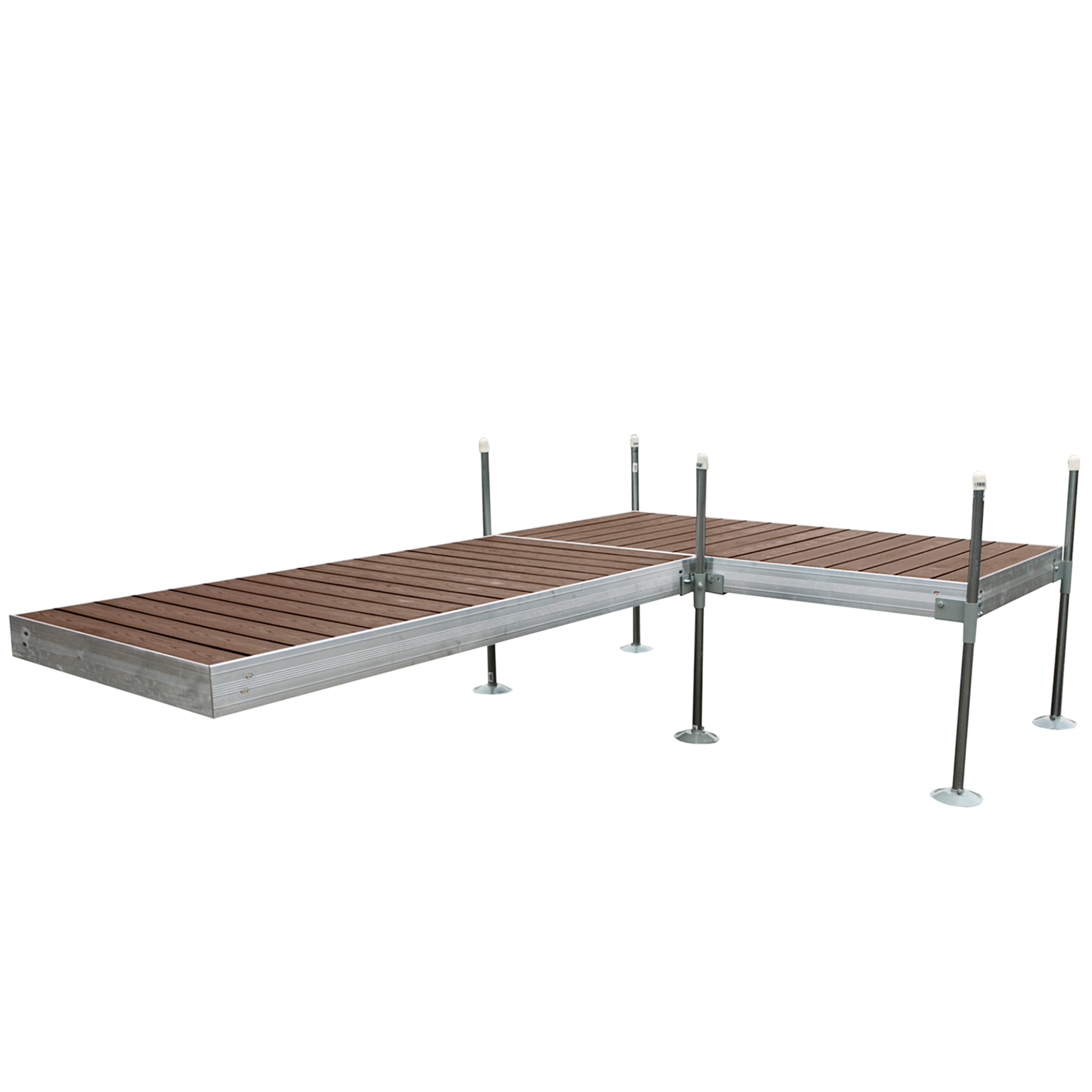 12' L-Shaped Boat Dock System with Aluminum Frame and Brown Composite Decking
