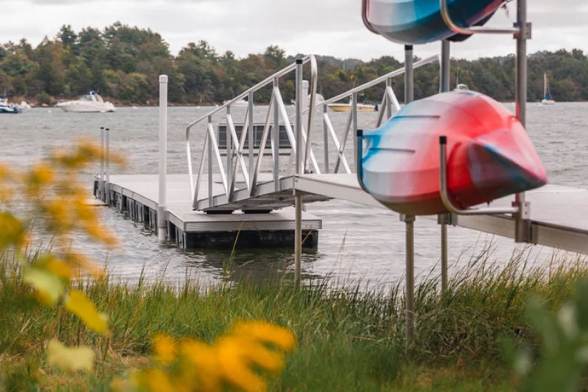 Dock gangway on a lake surrounded by greenery.