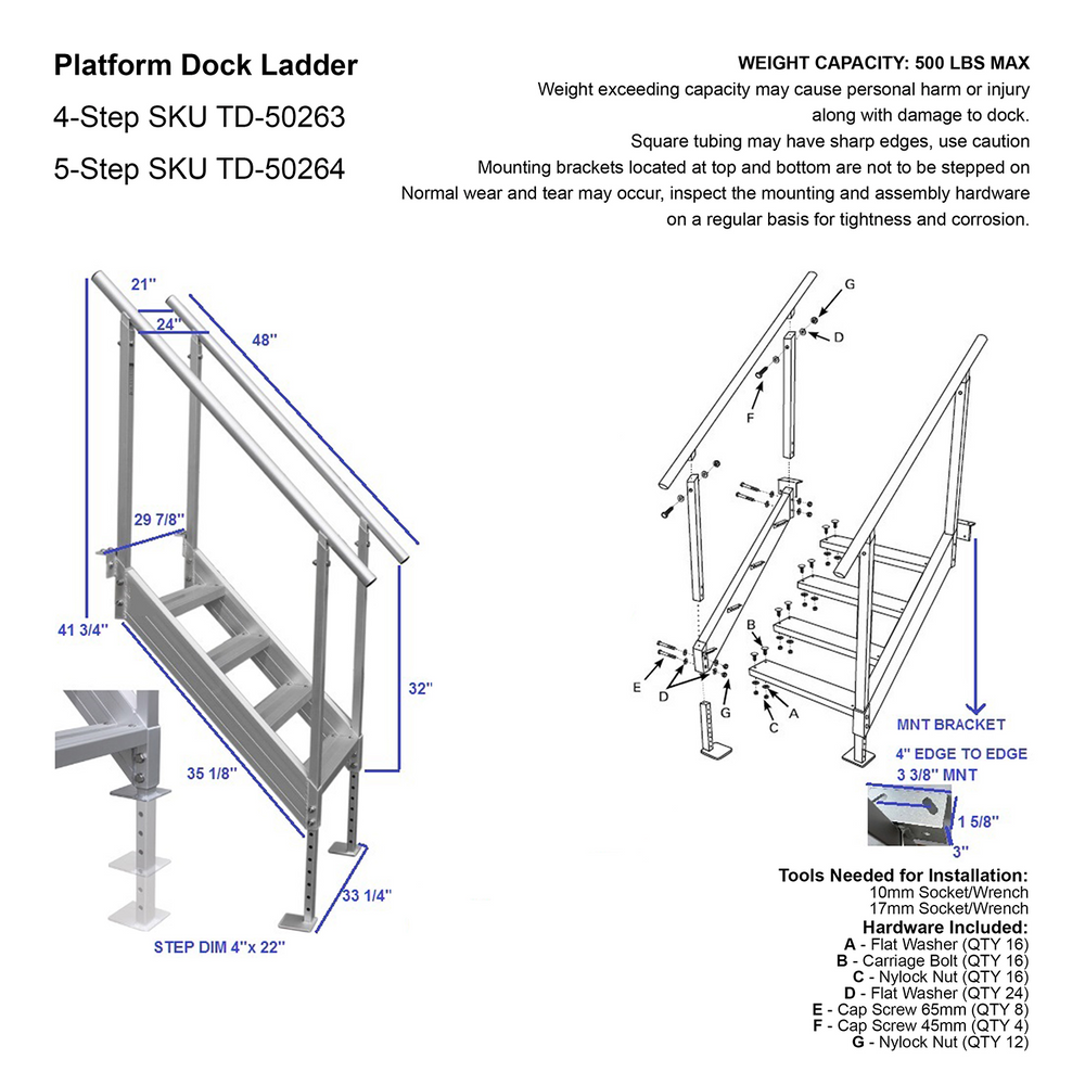 Aluminum Platform Dock Ladder - 4" Wide Step - 2 Lengths Available