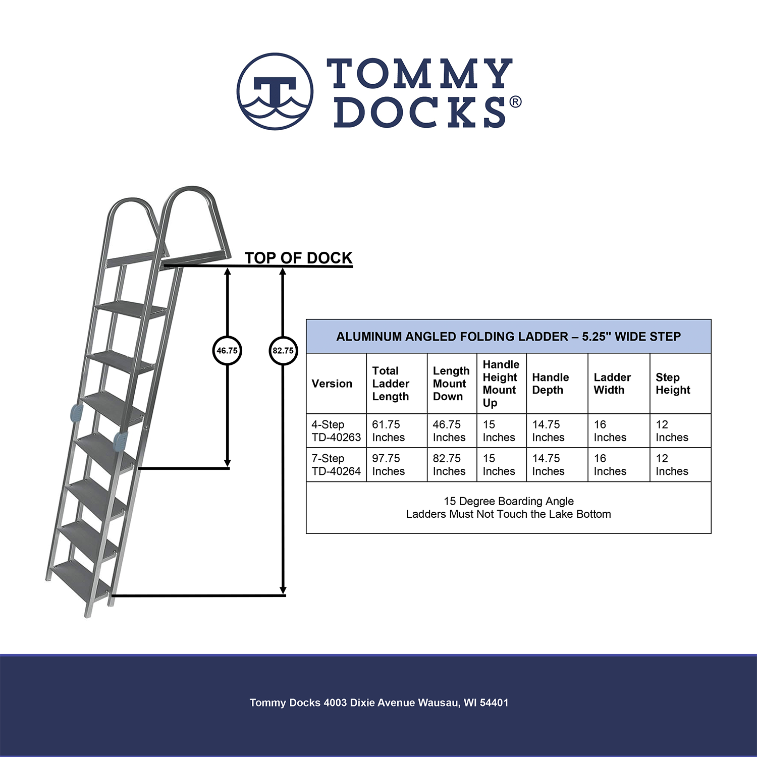 Aluminum Angled Folding Dock Ladder - 5.25” Wide Step - 2 Lengths Available