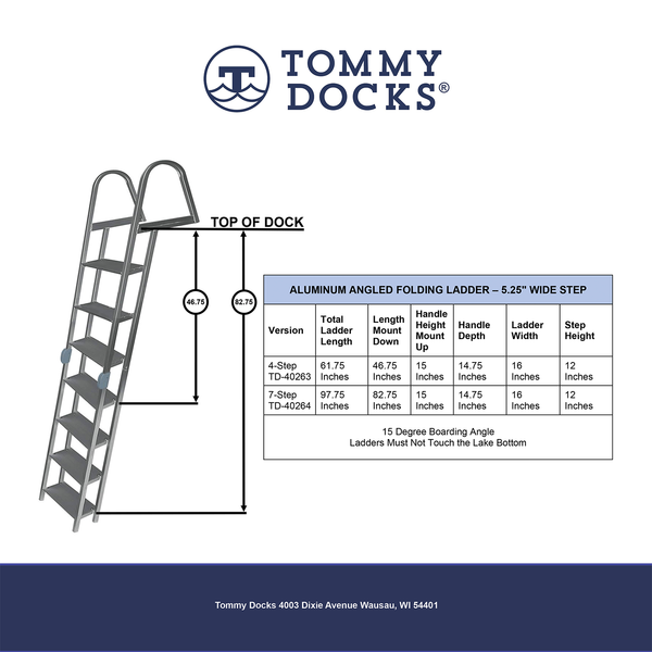 Aluminum Angled Folding Dock Ladder 525” Wide Step 2 Lengths Avai Tommy Docks 0181