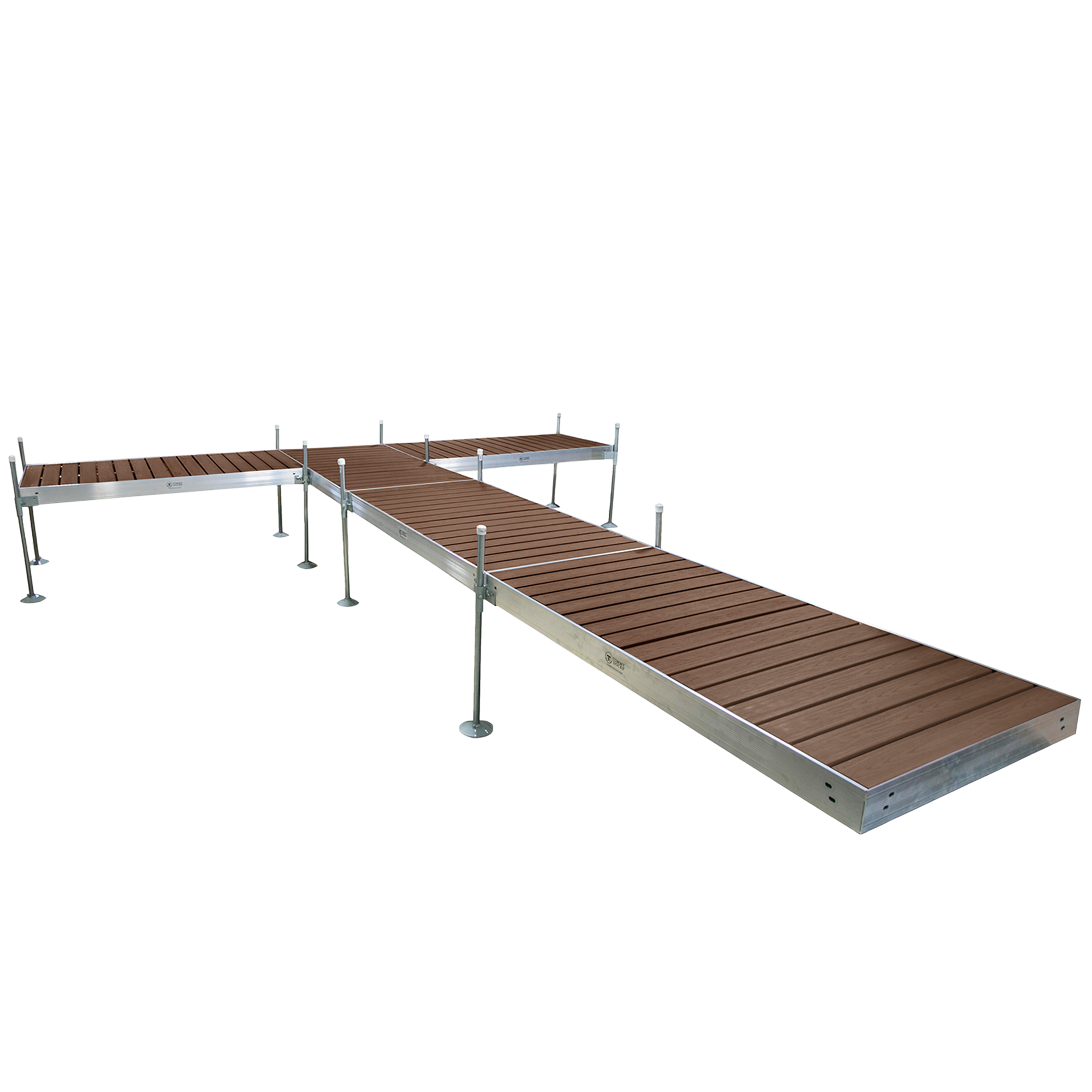 24' T-Shaped Boat Dock System with Aluminum Frame and Brown Composite Decking